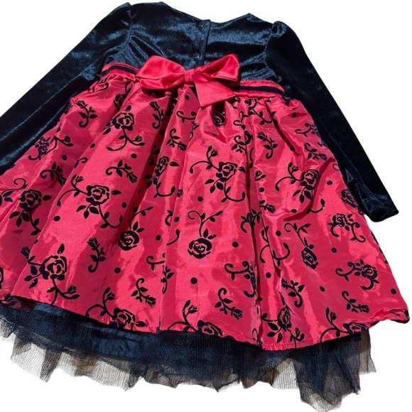 WonderKids Red Black Christmas Dress Long Sleeve Velvet Top Embellished 3T - Picture 4 of 9